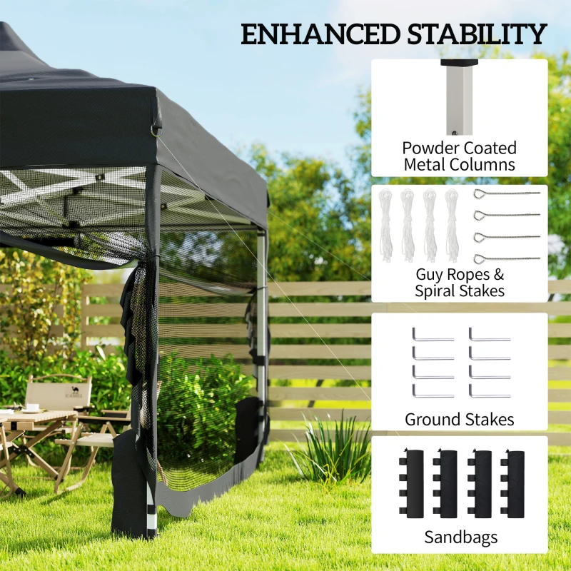 Outsunny 3 x 4.5 m Pop Up Gazebo with Mesh Nettings, UPF50+ Heavy Duty Outdoor Garden Party Tent Marquee, Black