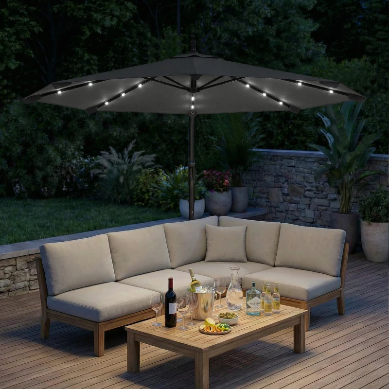 Outsunny 3 m Cantilever Parasol with Solar LED Lights Garden Umbrella with Cross Base, Black