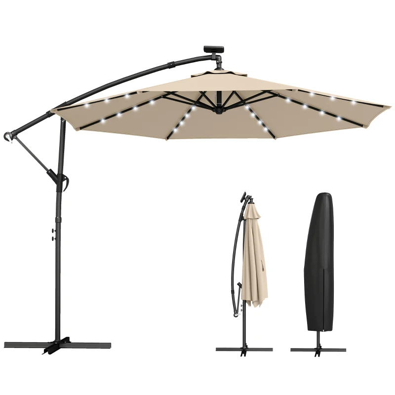 Outsunny Parasol déporté LED solaire env. Ø300 cm pivotant avec manivelle, pied et housse de protection Beige