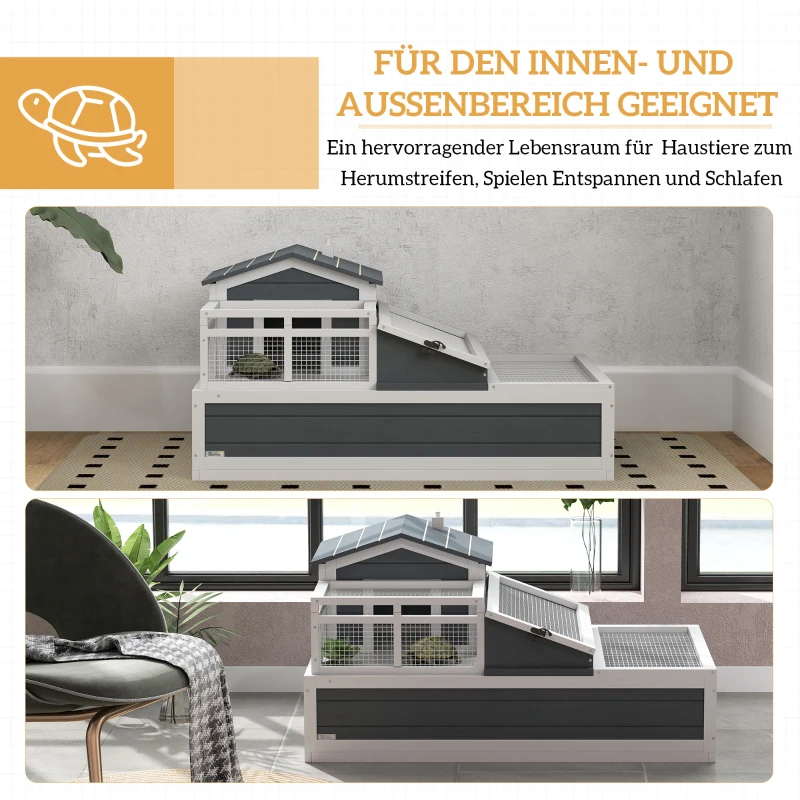 PawHut Maison pour tortues, 2 niveaux, pour intérieur et extérieur, balcon, bois de sapin, Gris