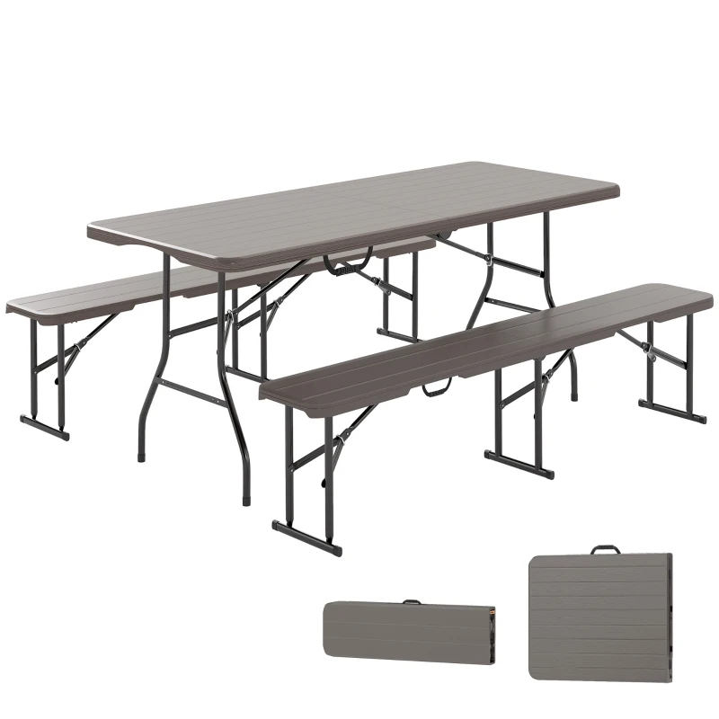 Outsunny Conjunto de Camping Plegable de Mesa y Bancos Imitación Madera para Exterior 180x74x74 cm y 182x28x42 cm Marrón