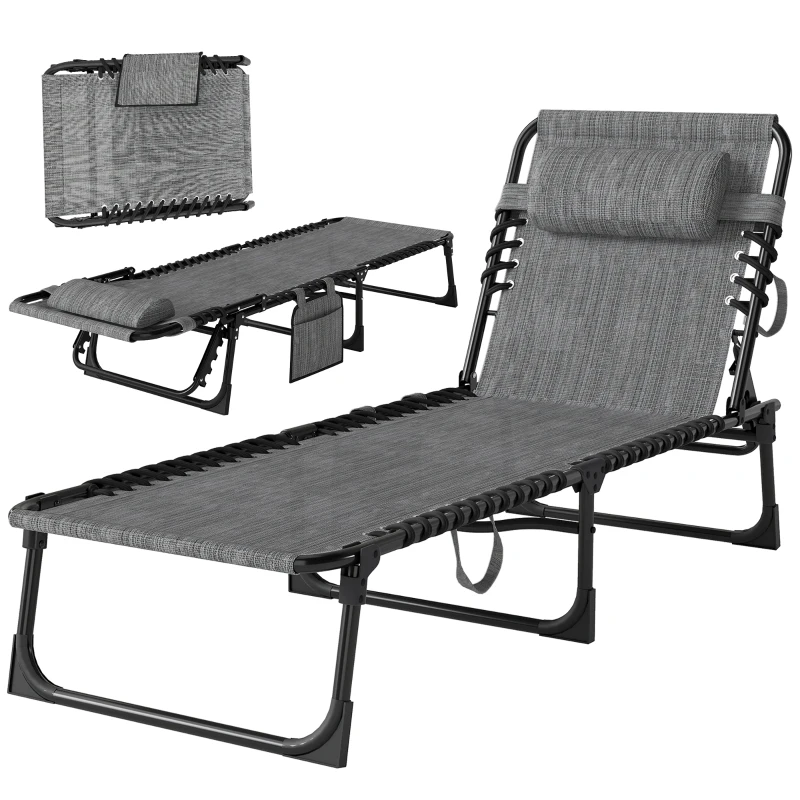 Outsunny Sdraio pieghevole con schienale regolabile e poggiatesta, 189x58x30 cm, Grigio
