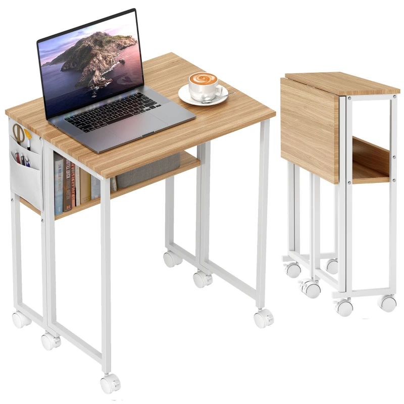 HOMCOM 63 cm Folding Desk with Storage Shelf and Drop Leaf on Wheels - Natural Wood Finish