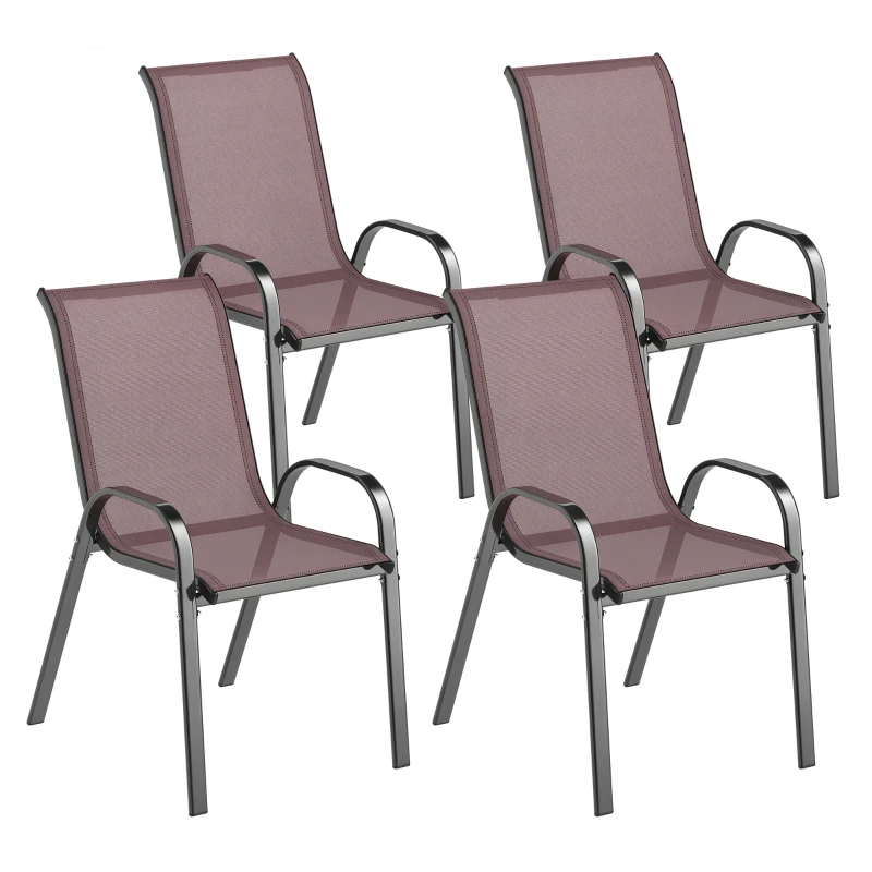 Outsunny Lot de 4 chaises d'extérieur empilables Assise en maille Dossier haut et cadre en acier pour jardin Marron foncé et noir