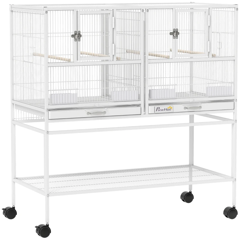 PawHut Cage pour oiseaux Grande avec séparateur Roulettes 4 mangeoires 4 perchoirs Étagère 2 plateaux amovibles 95x45,5x102 cm Blanc
