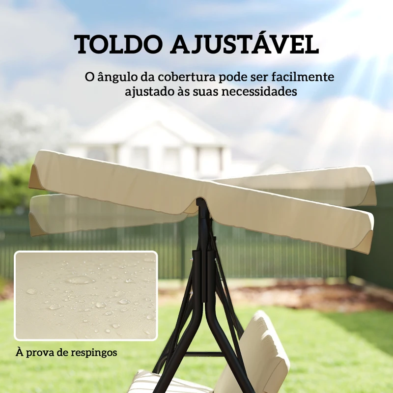 Outsunny Baloiço de Jardim  de 3 Lugares Baloiço com Teto Ajustável Almofada e Estrutura em Aço 172x118x153 cm Bege