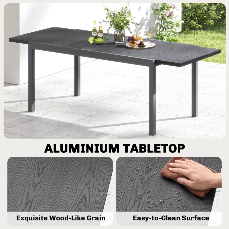 Outsunny Table de Jardin Extensible Plateau Aluminium Effet Bois Pieds Réglables 8-10 Personnes 214x85x75cm Gris Anthracite