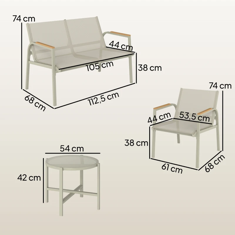 Outsunny Conjunto de Jardim para Terraço com Sofá 2 Lugares, 2 Poltronas e Mesa de Centro em Vidro Temperado 4 Peças Verde