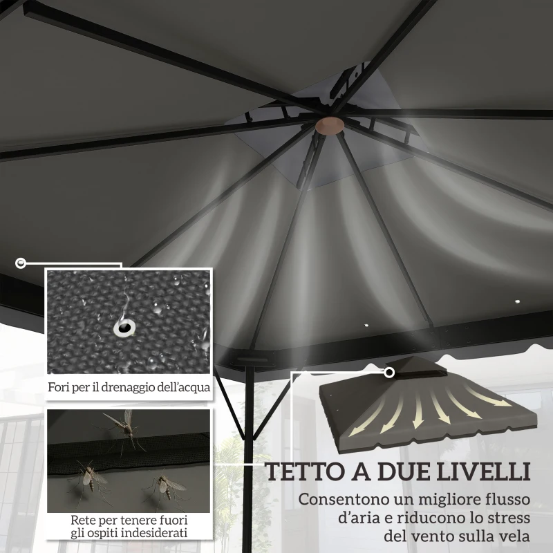 Outsunny Copertura per Gazebo 3x3 m a 2 Livelli con 8 Fori di Drenaggio, in Poliestere Grigio Chiaro e Scuro