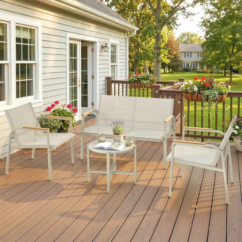 Outsunny Conjunto de Jardim para Terraço com Sofá 2 Lugares, 2 Poltronas e Mesa de Centro em Vidro Temperado 4 Peças Verde