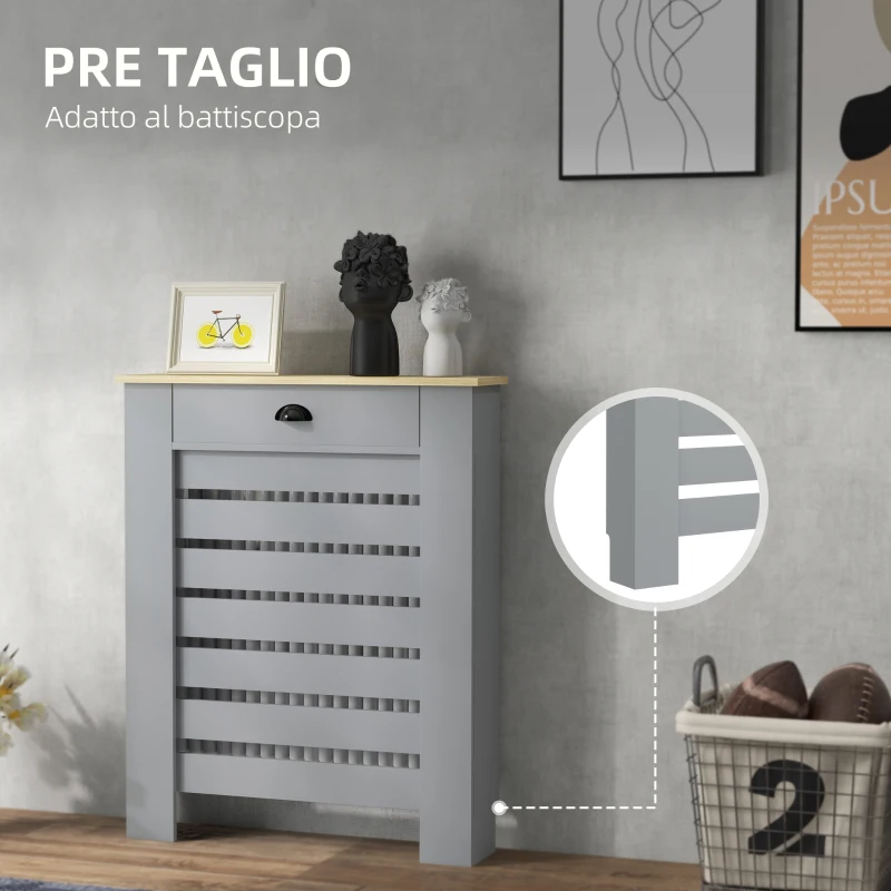 HOMCOM Copritermosifone in MDF a Doghe, Copricalorifero a Griglia con Cassetto, 78x19x95.5 cm, Grigio