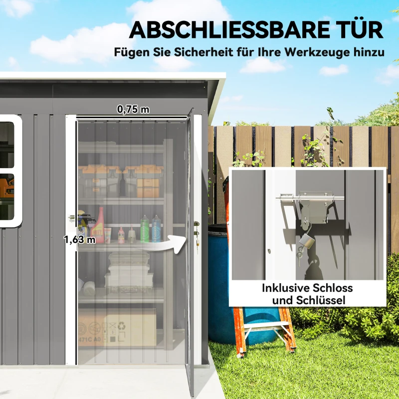 Outsunny Gartenschuppen, Gartenhaus mit Fenster, verschließbare Tür, für Garten, Terrasse, Stahl, 221L x 133B x 190H cm, Grau(m-6)