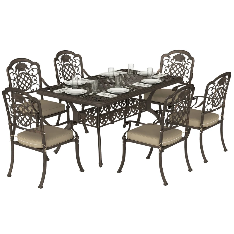 Outsunny Garden Dining Set for 6, Cast Aluminium Outdoor Table and Chairs Set with Cushions, Parasol Hole for Patio, Bronze Tone