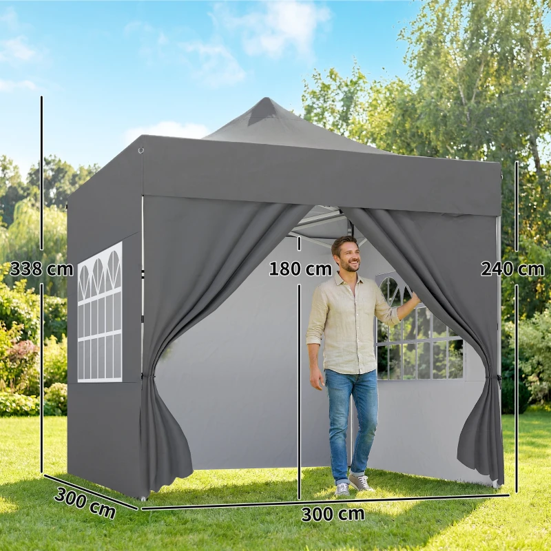 Outsunny 3 x 3 m Pop Up Gazebo with Sidewalls, UPF50+ Heavy Duty Garden Party Tent Marquee with Wheeled Carry Bag, Dark Grey