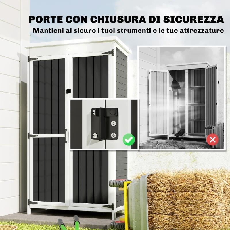 Outsunny Armadio da Giardino con Ripiani Rimovibili e Porta Bloccabile, in Legno e Acciaio, 94x43x166 cm, Bianco e Nero