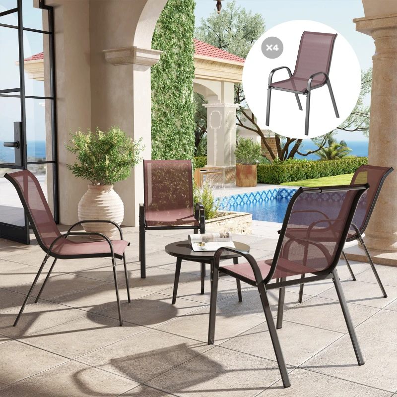 Outsunny Lot de 4 chaises d'extérieur empilables Assise en maille Dossier haut et cadre en acier pour jardin Marron foncé et noir