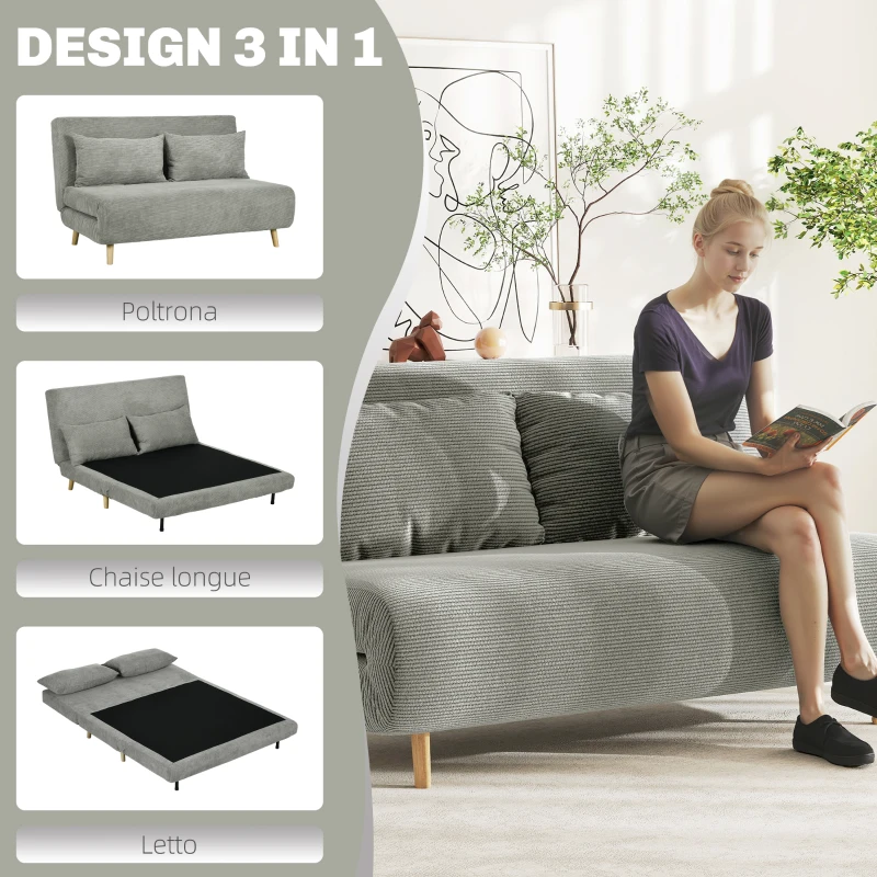 HOMCOM Divano Letto Matrimoniale con Schienale Regolabile e 2 Cuscini, in Tessuto Effetto Lino Grigio