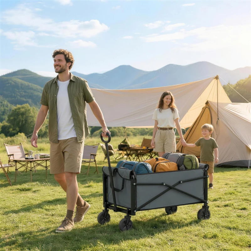 Outsunny 81L Festival Trolley on Wheels, Compact Garden Folding Trolley Cart with Adjustable Handle 80L, Grey