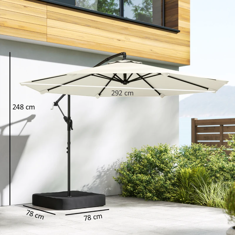 Outsunny 3 m Garden Cantilever Parasol with Cross Base, Sandbag, 360° Rotating Overhanging Banana Umbrella, Cream White
