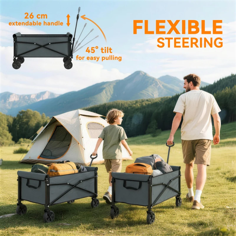 Outsunny 81L Festival Trolley on Wheels, Compact Garden Folding Trolley Cart with Adjustable Handle 80L, Grey