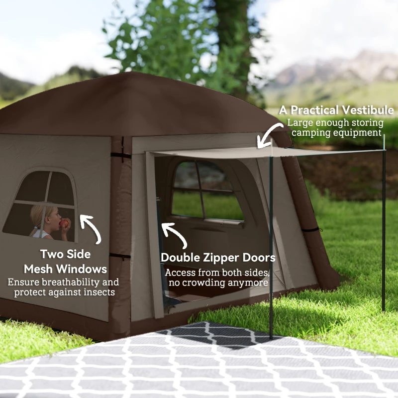 Outsunny Blow Up Tent w/ Hand Pump, Inflatable Camping Tent, Easy Setup 1/2 Person Waterproof Khaki