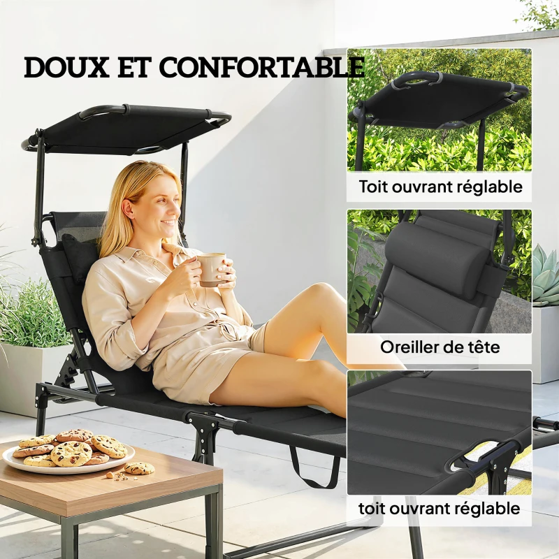 Outsunny Bain de soleil chaise longue pliante avec pare-soleil, appuie-tête inclinable en tissu Oxford 70 x 200 x 45 cm, noir