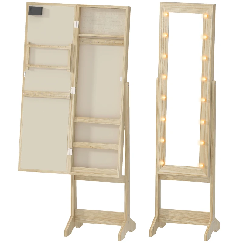 HOMCOM Miroir-aramoire à bijoux avec éclairage LED Armoire pour bijoux Armoire à bijoux sur pied avec miroir pleine longueur Angle réglable Bois naturel