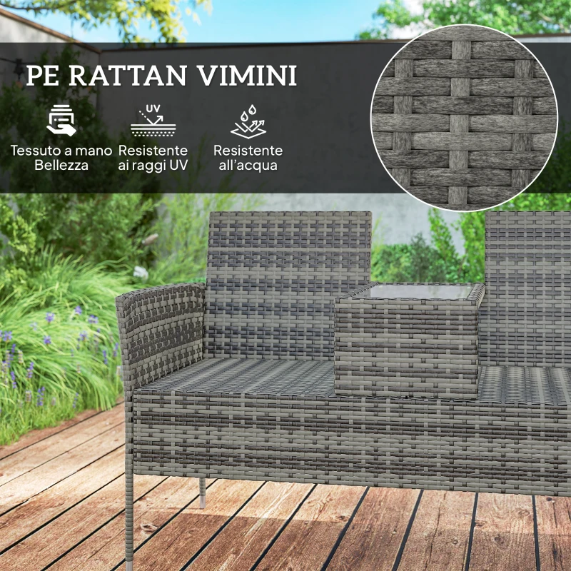 Outsunny Panchina da Esterno 2 Posti con Tavolino da Caffè, in Acciaio e Rattan PE, 137x59x82 cm, Grigio