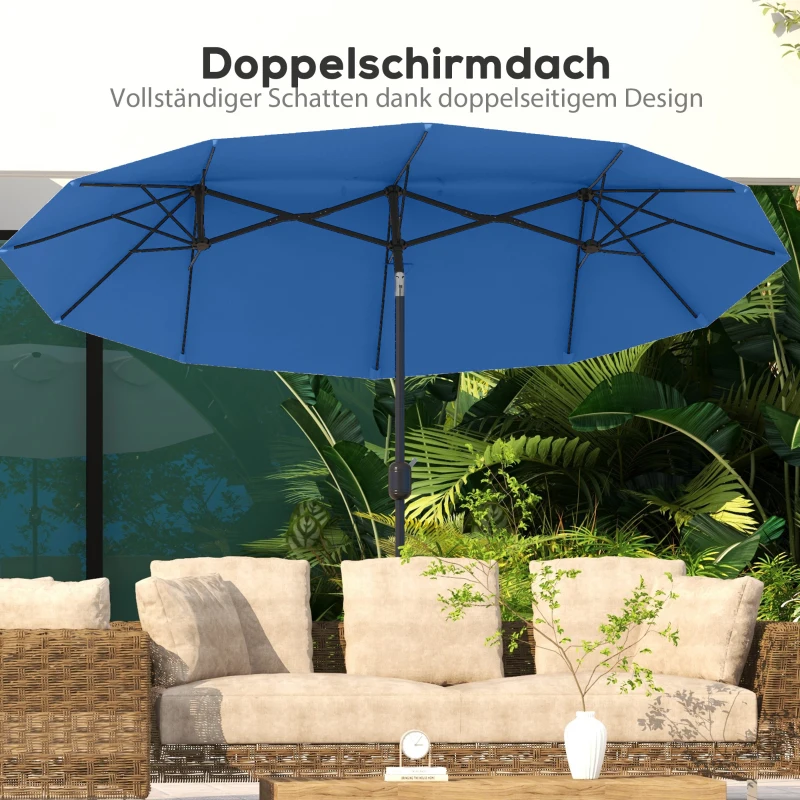 Outsunny Sonnenschirm, Gartenschirm, neigbar, mit Handkurbel, Winddach, Polyester+Stahl, Marineblau, 285 x 147 cm