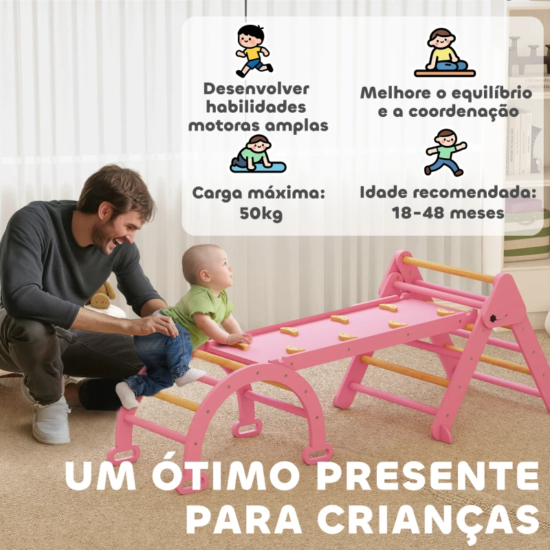 AIYAPLAY Triângulo de Escalada 7 em 1 com Arco e Rampa Escalada para Crianças de Madeira Dobrável para 18-48 Meses 188x70 cm Rosa