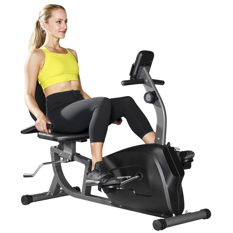 SPORTNOW Heimtrainer, Magnet-Liegerad, 8 Widerstandsstufen, verstellbar, LCD-Monitor, Metall, Kunststoff, Schwarz