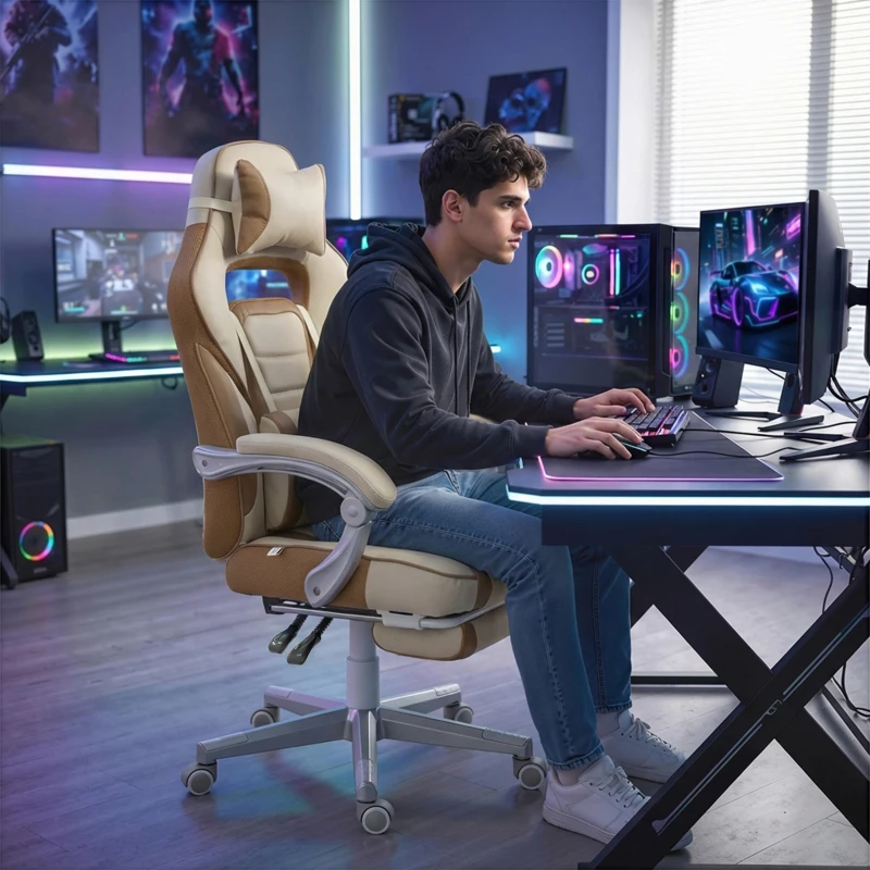 HOMCOM Fauteuil Gamer Inclinable avec Hauteur Réglable Repose-pieds Escamotable Support Lombaire et Appuie-tête Amovible Crème