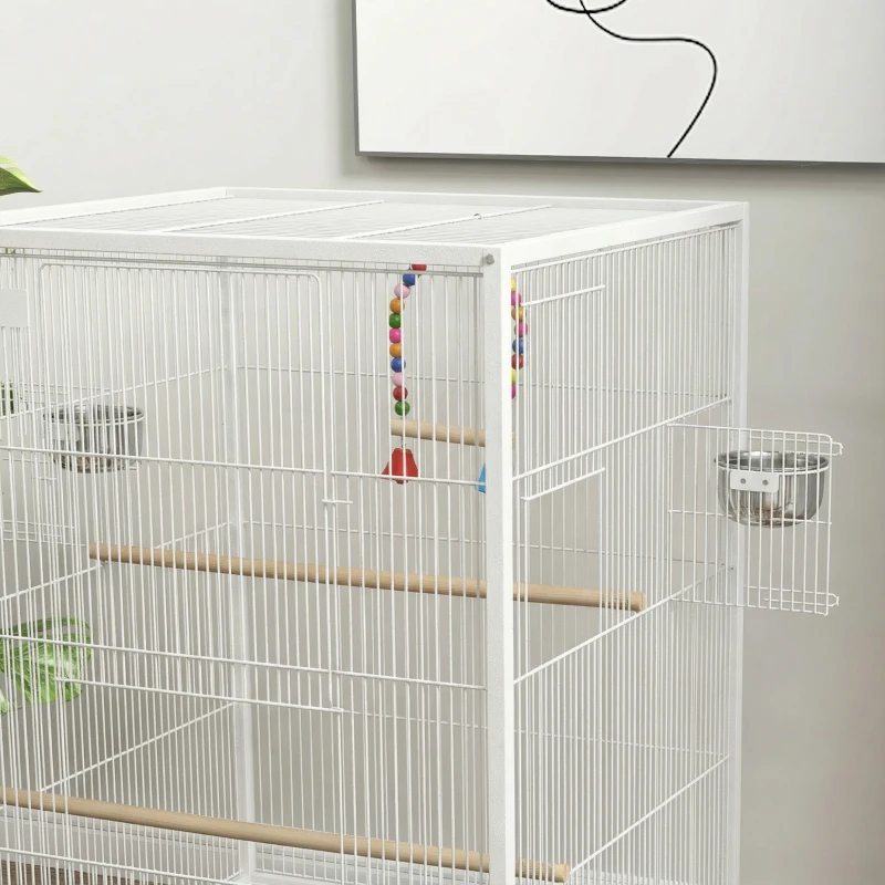 PawHut Cage pour oiseaux sur roulettes avec mangeoires, perchoirs, balançoire et plateau amovible 48x46x78 cm Blanc