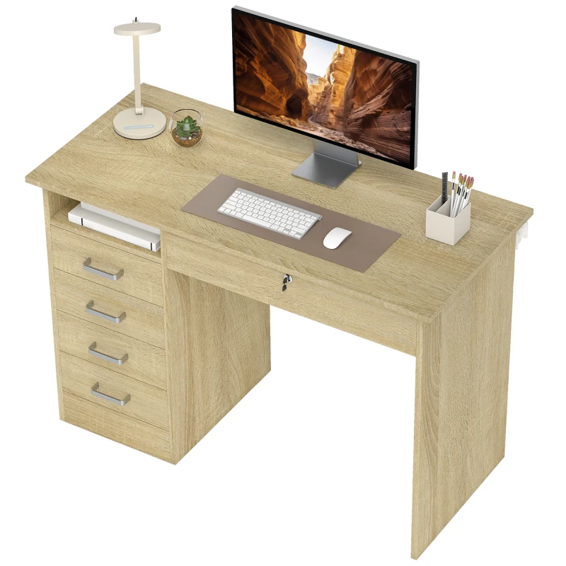 HOMCOM Scrivania moderna per computer con 5 cassetti, grande piano, 1 vano aperto, cassetto bloccabile, 110x50x76 cm, rovere