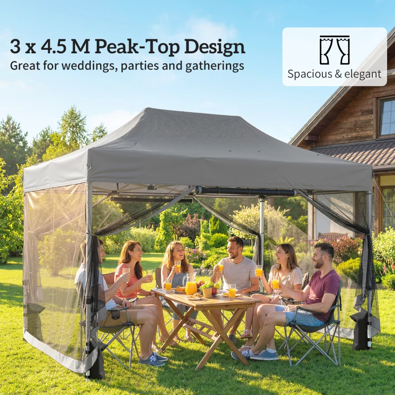 Outsunny 3 x 4.5 m Pop Up Gazebo with Mesh Nettings, UPF50+ Heavy Duty Outdoor Garden Party Tent Marquee, Dark Grey