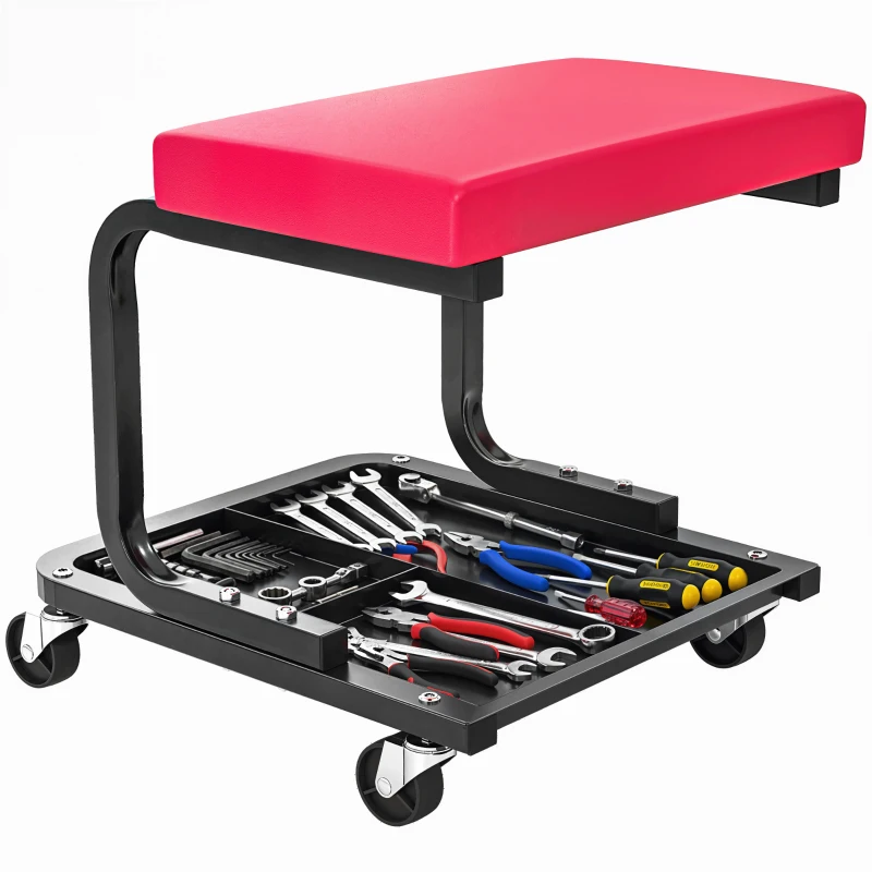 HOMCOM Sgabello da meccanico con vassoio porta attrezzi e rotelle, carico 135 kg, 36,5x33,5x35 cm, rosso