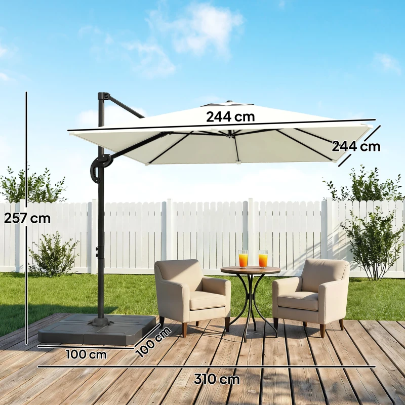 Outsunny 2.4 x 2.4m Cantilever Parasol with Umbrella Weights, UPF50+ Offset Outdoor Umbrella w/ Easy Tilt Adjustment, Cream White