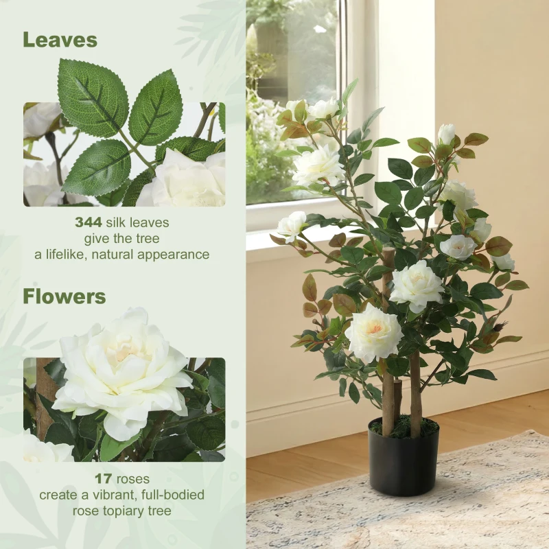 HOMCOM 90cm Artificial Rose Tree, Decorative Fake Plant with 344 Silk Leaves 17 Flowers for Outdoor Indoor Decor, White