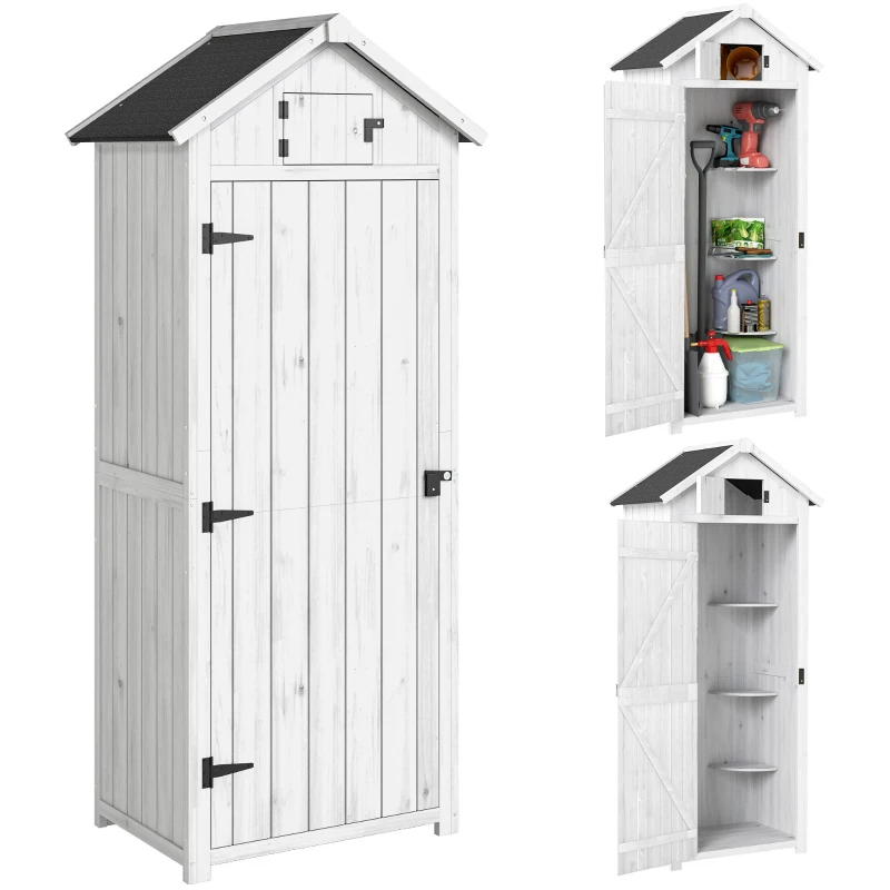 Outsunny Small Shed, Tall Slim Wooden Garden Shed with 3 Removable Shelves and Roof Hatch, Compact Outdoor Tool Storage Cabinet with Asphalt Roof and Door Latch, 77 x 54.2 x 179 cm, Light Grey