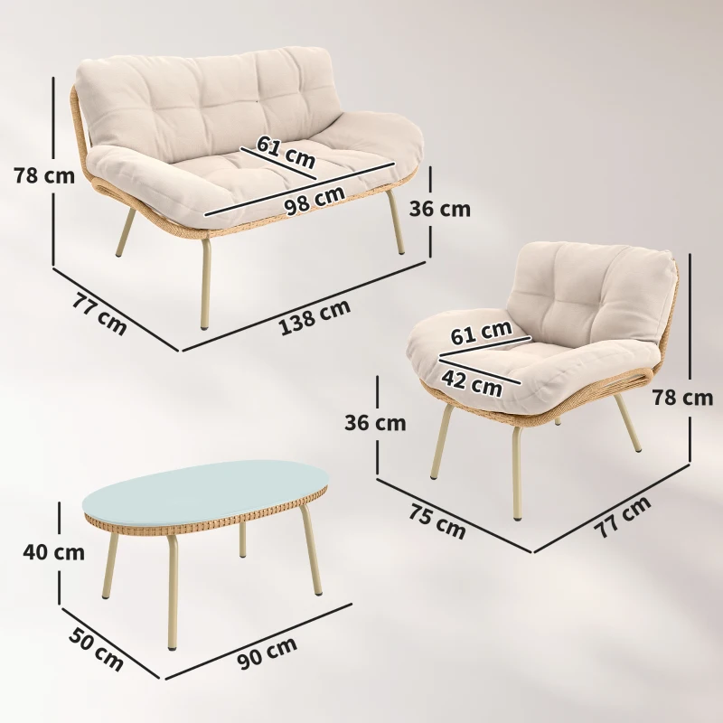Outsunny Conjunto de Muebles de Jardín de Rattán de 4 Piezas con Cojines Sofá 2 Sillones y Mesa de Centro Beige