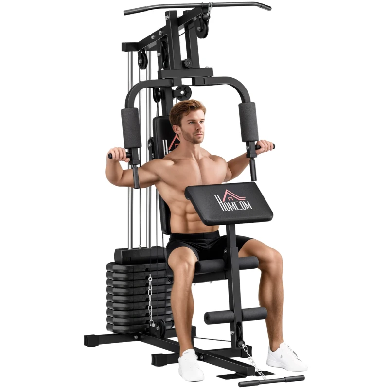 HOMCOM Máquina de Musculación con Pesas Ajustables de 45 kg Prensa de Pecho y Piernas Polea 135x103x210 cm Negro