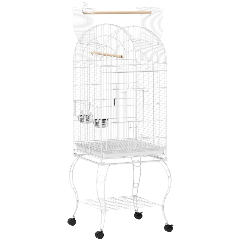 PawHut Cage pour oiseaux avec roulettes et étagère 51x51x153 cm avec partie supérieure rabattable, mangeoires et bac amovible, blanc