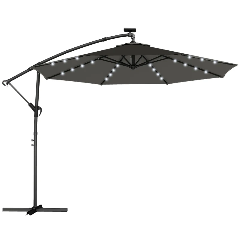 Outsunny Parasol déporté LED solaire env. Ø300 cm pivotant Parasol avec manivelle pied housse de protection Gris foncé