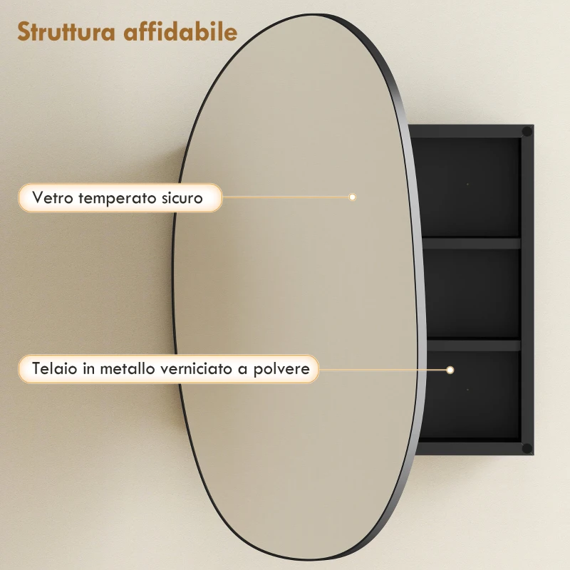 HOMCOM Armoire de Salle de Bain avec Miroir et Rangements, Forme Irrégulière, Montage Mural, pour Salle de Bain, Noir