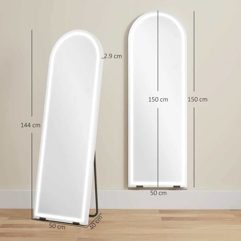 HOMCOM Oglindă de Podea Corp Întreg cu Lumină 150x50cm Arcuată fără Ramă 3 Temperaturi de Culoare Luminozitate Reglabilă Transparent