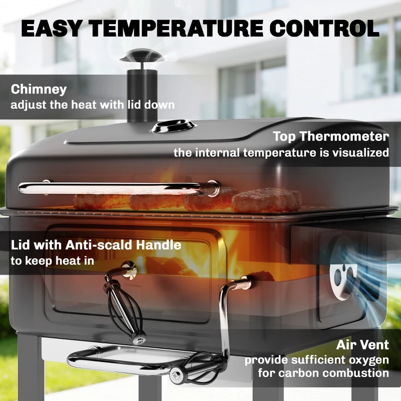 Outsunny Charcoal BBQ Grill with Adjustable Charcoal Pan, Large Barbecue Grill Smoker with Side Tables, Temperature for Outdoor
