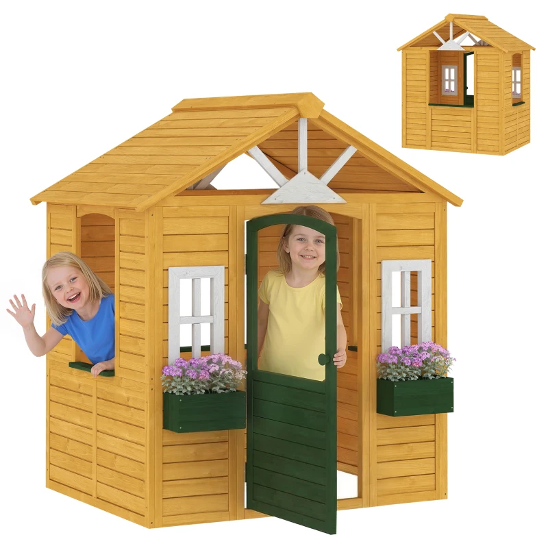 AIYAPLAY Casetta per Bambini in Legno, Casetta da Giardino Outdoor con Porta, 3 Finestre e 2 Fioriere, per Bambini 3-8 Anni, 134,5x97x150 cm, Marrone