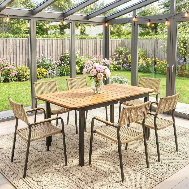 Outsunny Masă de Grădină pentru 6 Persoane, 127 x 70 cm, Masă de Exterior cu Blat cu Lamele din Lemn Plastic, Cadru Metalic