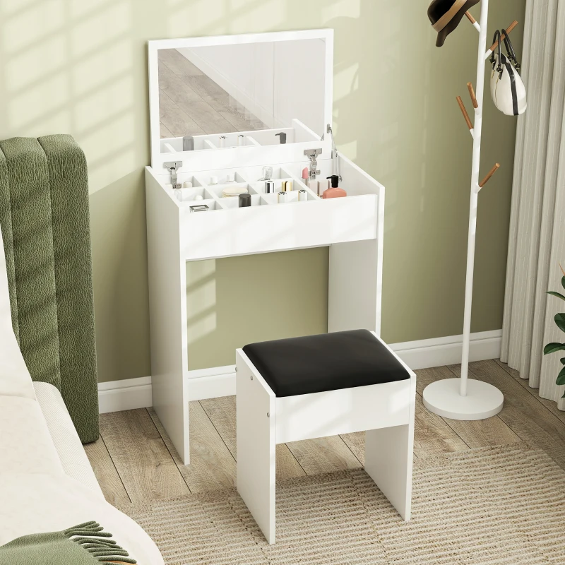 HOMCOM Postazione Trucco con Specchio Richiudibile, Toeletta Trucco Moderno, con Sgabello, Vano Contenitore a 10 Scomparti, MDF Bianco, 60.2 x 40.2 x 79cm