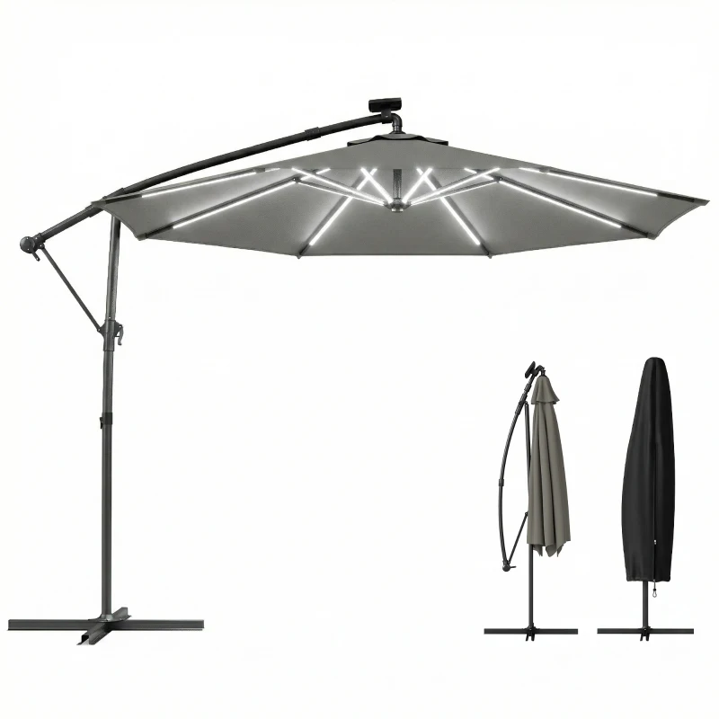 Outsunny 3 m Garden Cantilever Parasol with LED Solar Light, Round Overhanging Umbrella with 360° Rotation, Cover, Grey